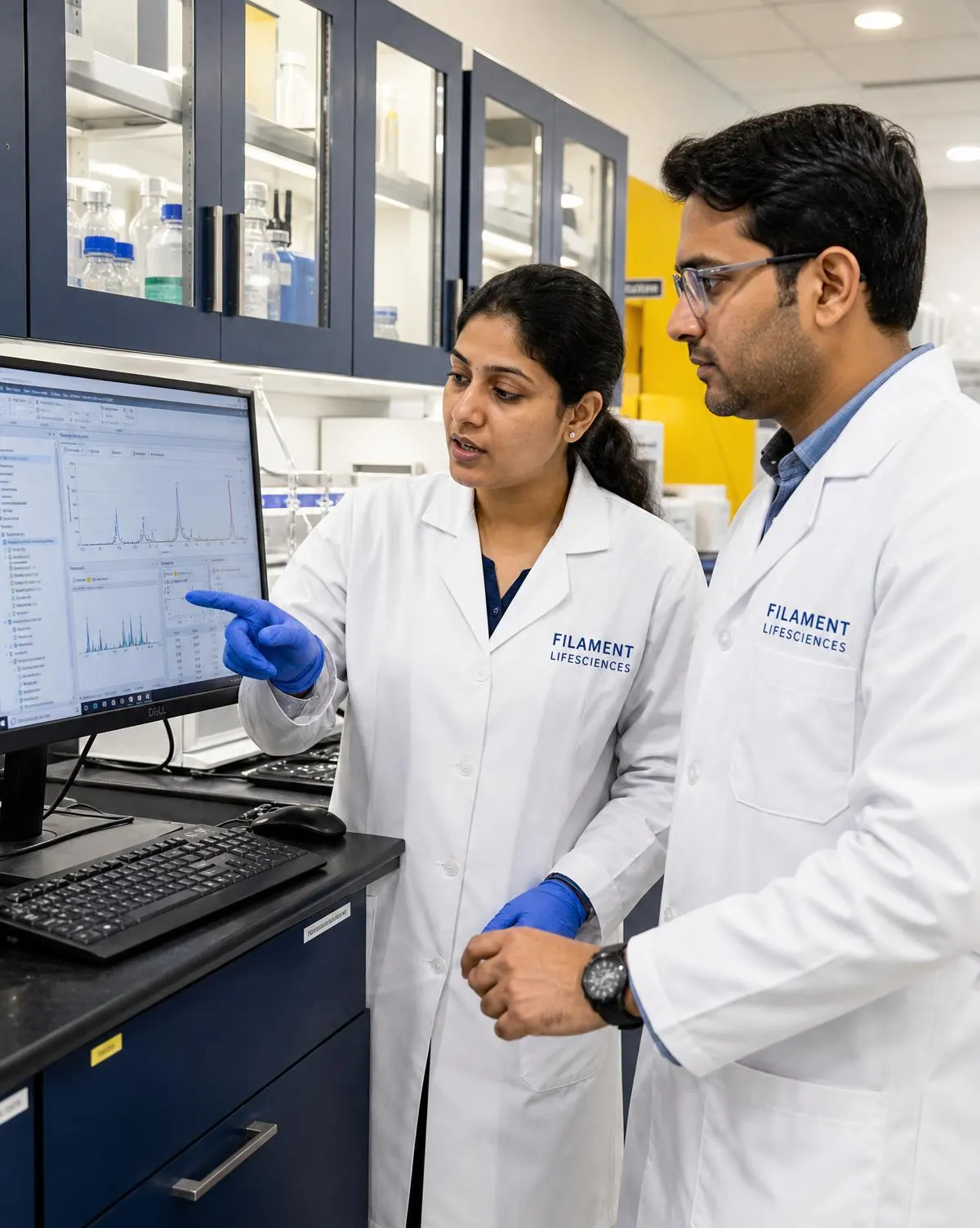 Two research scientists reviewing laboratory data on a monitor