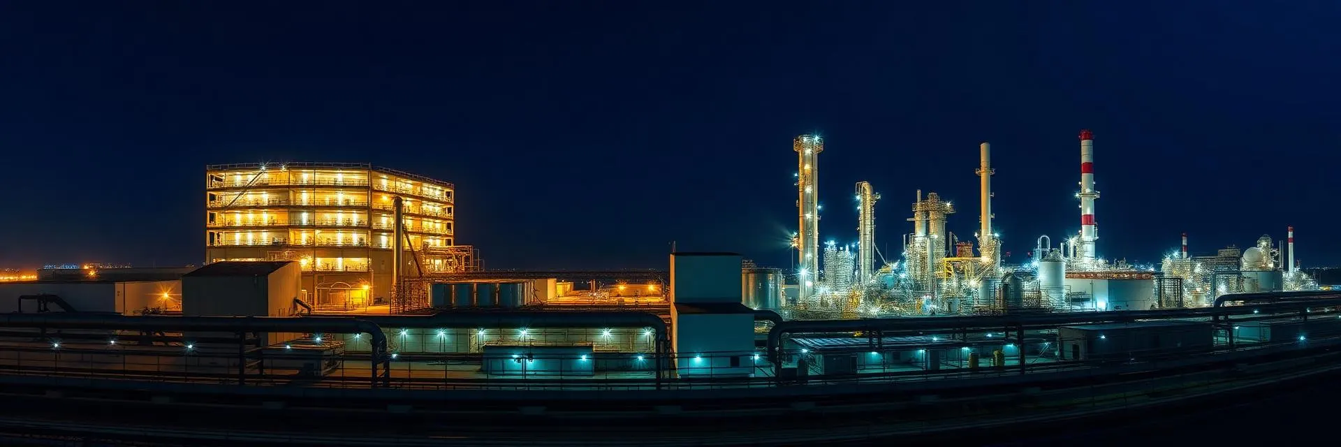 Illuminated pharmaceutical manufacturing plant at night