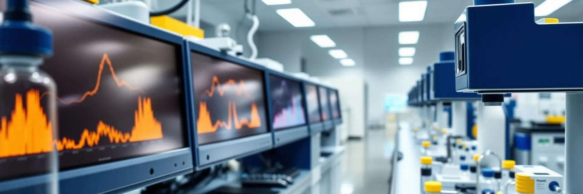 Analytical instruments lined up in a bright quality control laboratory