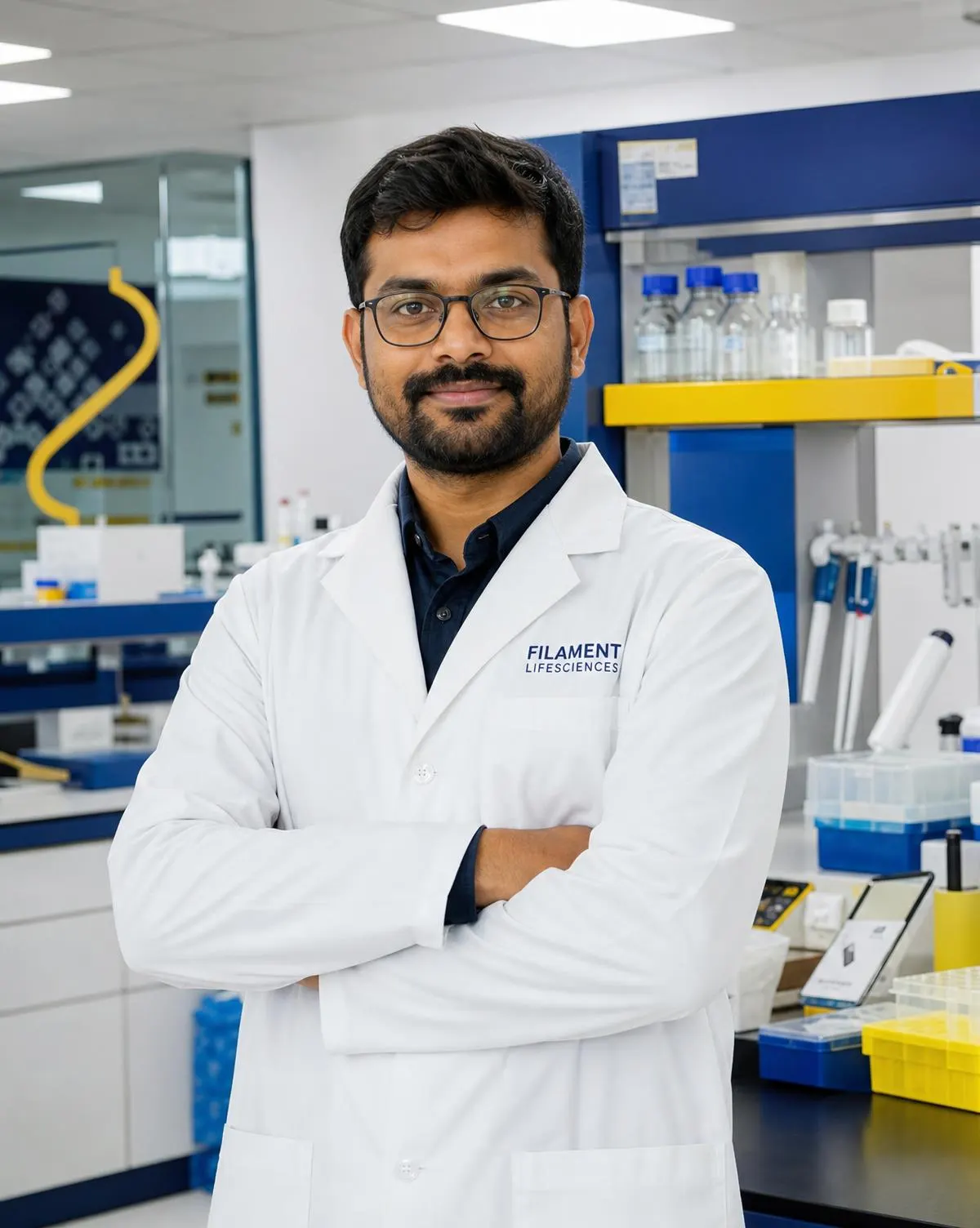 Filament Lifesciences scientist in a branded lab coat inside a modern laboratory