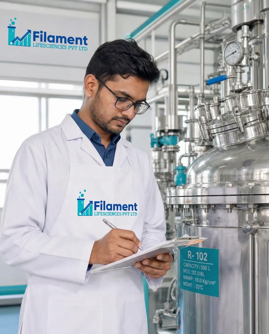 Technician in a branded apron inspecting stainless steel process equipment