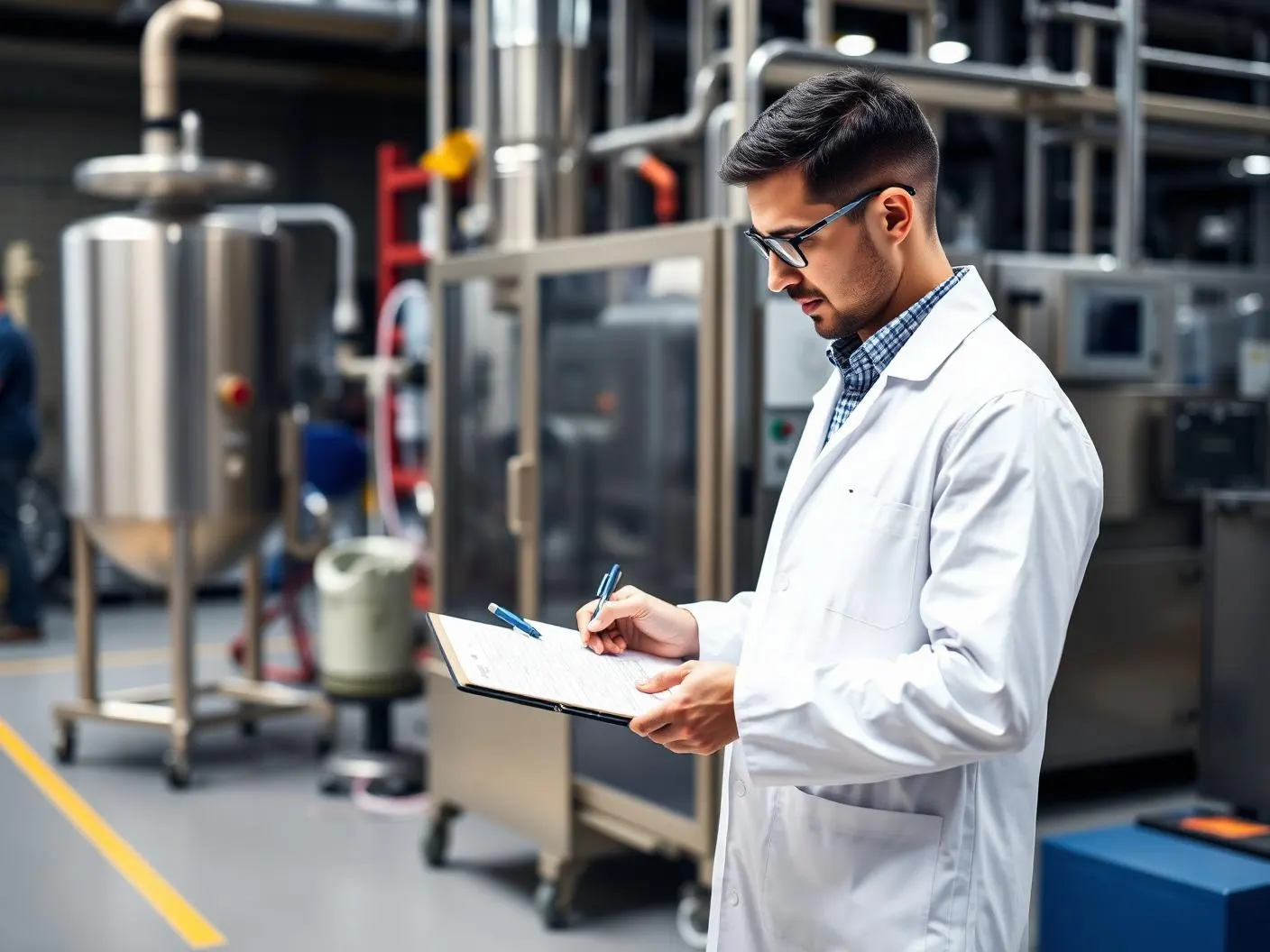 Technician recording batch details beside process equipment